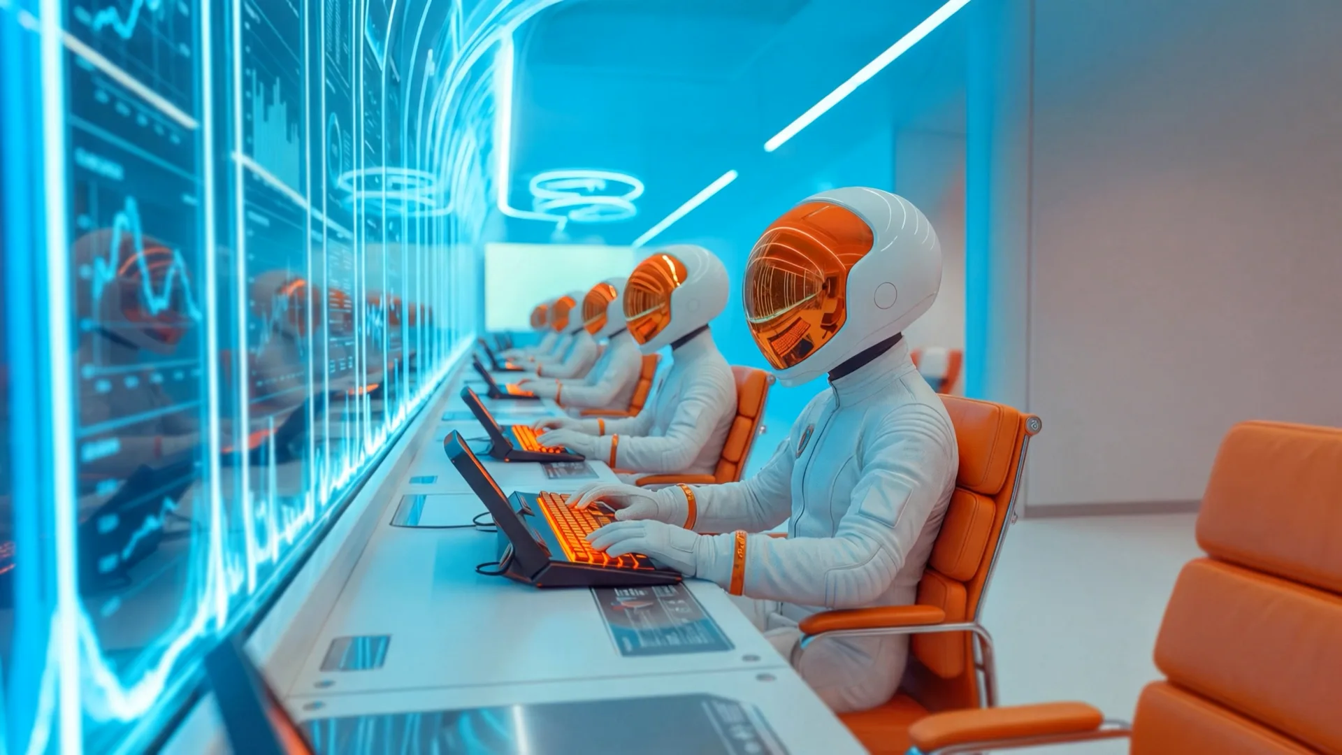 Astronautteja valvomon konsoleilla, seinällä mittausdataa